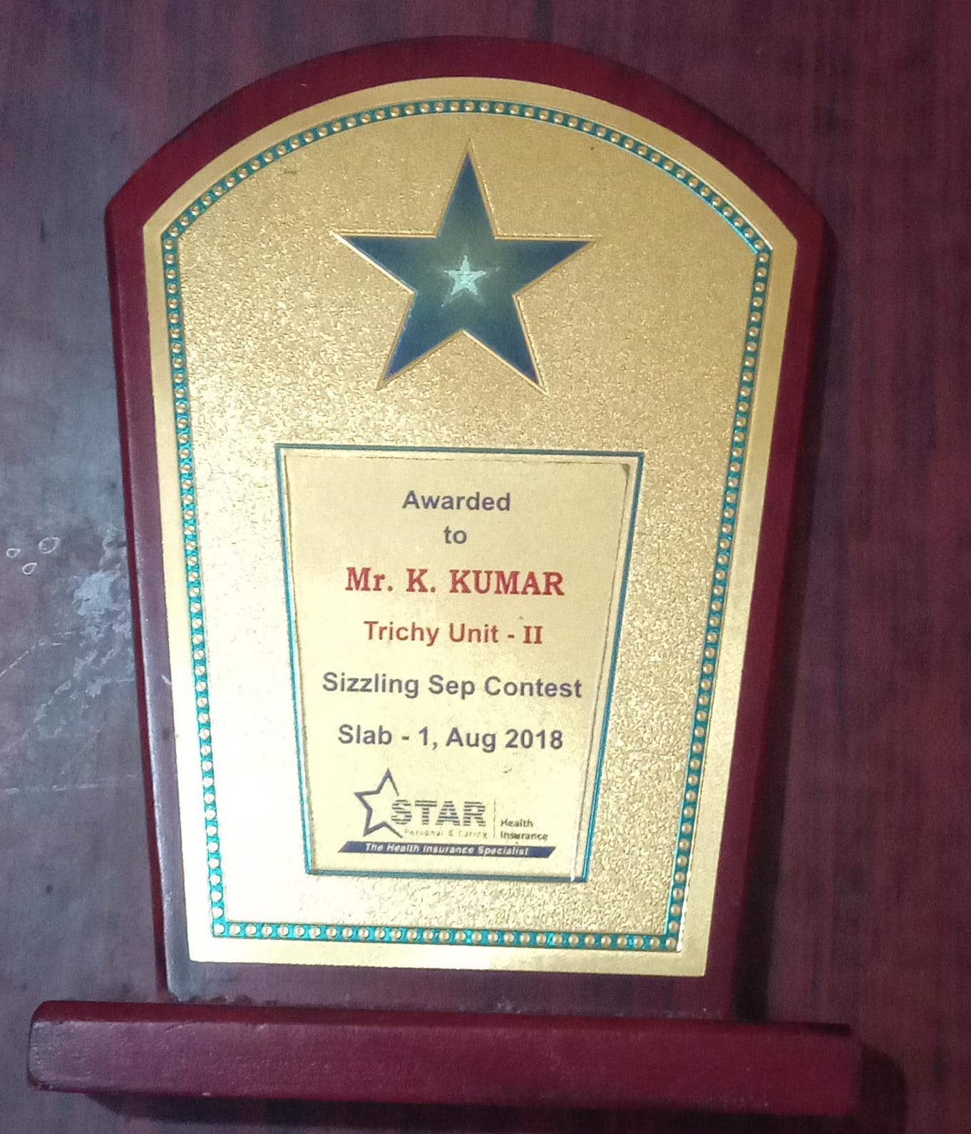 STAR Health Sizzling September Slab-1 award — K. Kumar, Trichy Unit-II